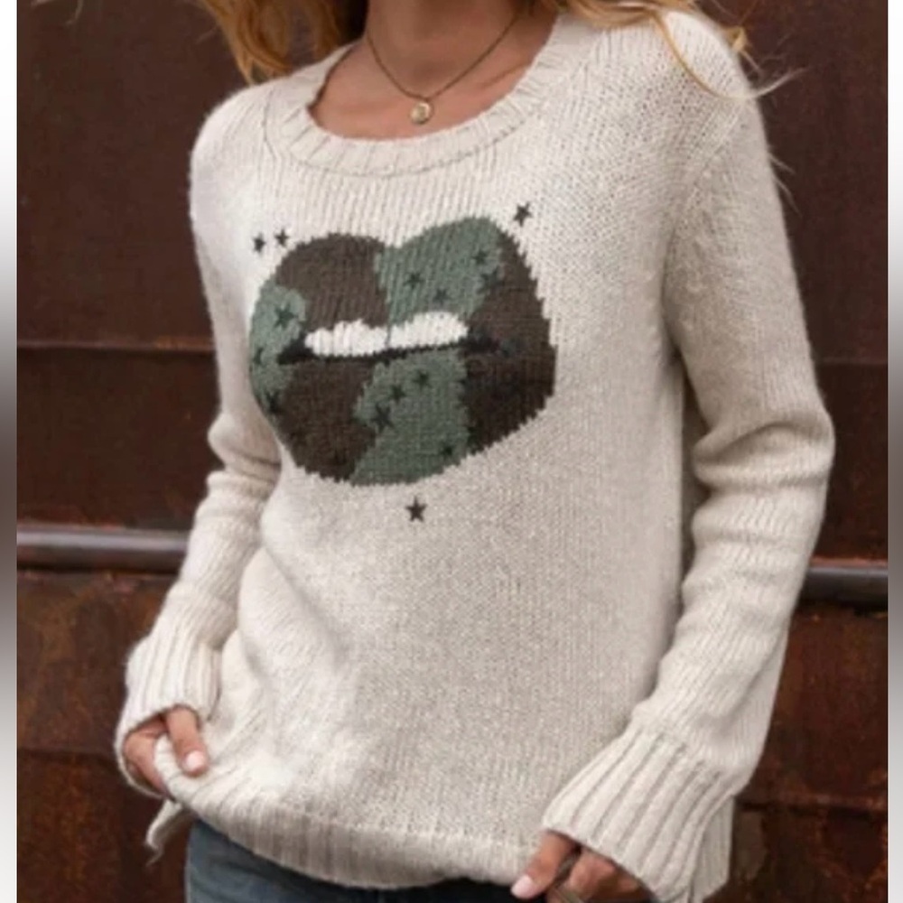Wooden Ships Camo Kiss Stars Sweater Beige Green Slouchy Oversized Small